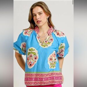 UMGEE Floral Blue Puff Sleeve Top with Pink Boho trim